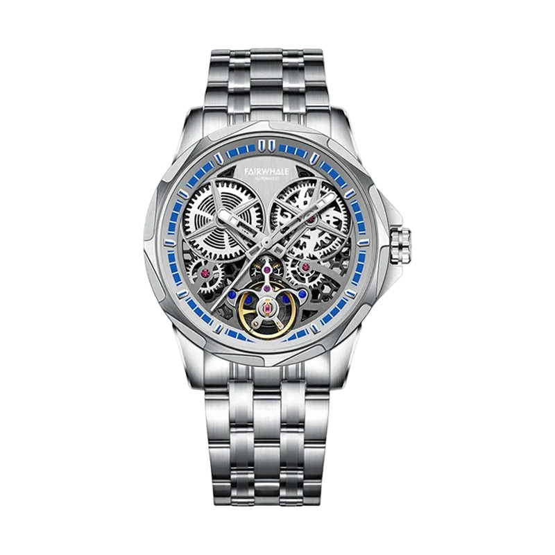 Silver wristwatch with intricate mechanical design on a white background