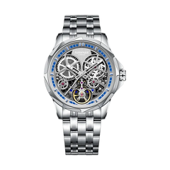 Silver wristwatch with intricate mechanical design on a white background