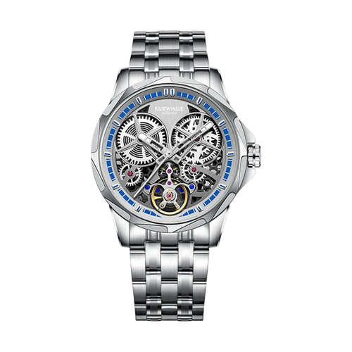 Silver wristwatch with intricate mechanical design on a white background