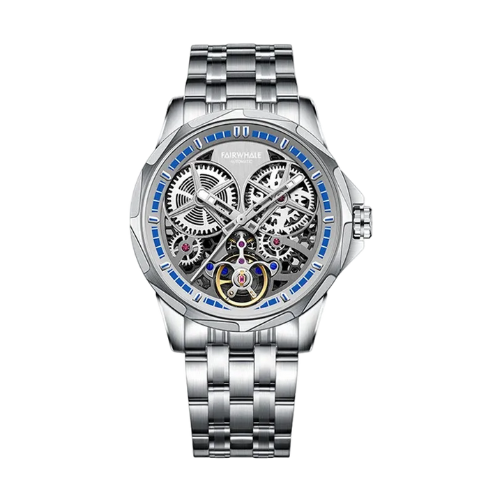 Silver wristwatch with intricate mechanical design on a white background