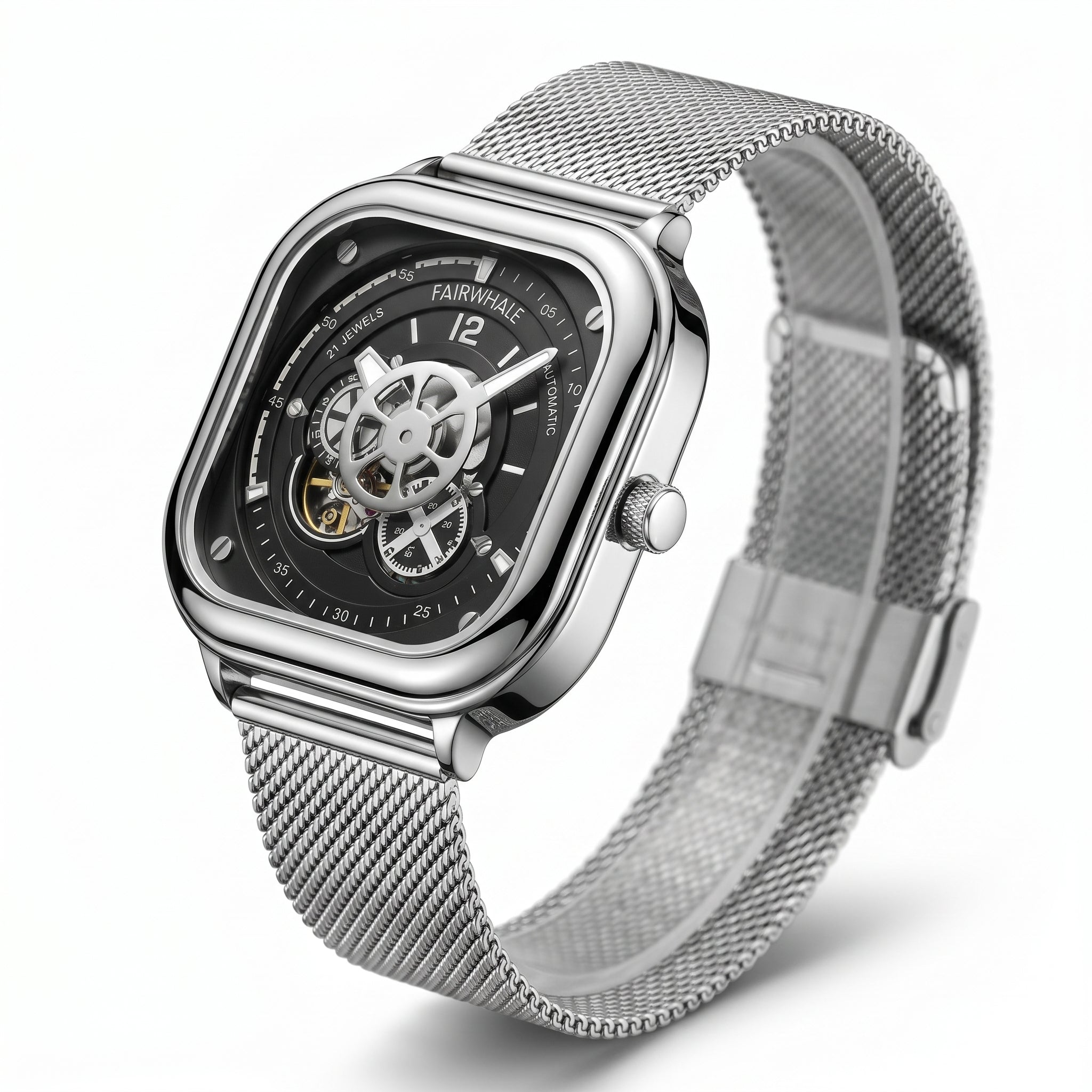 Silver wristwatch with mesh band on a white background