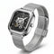 Silver wristwatch with mesh band on a white background