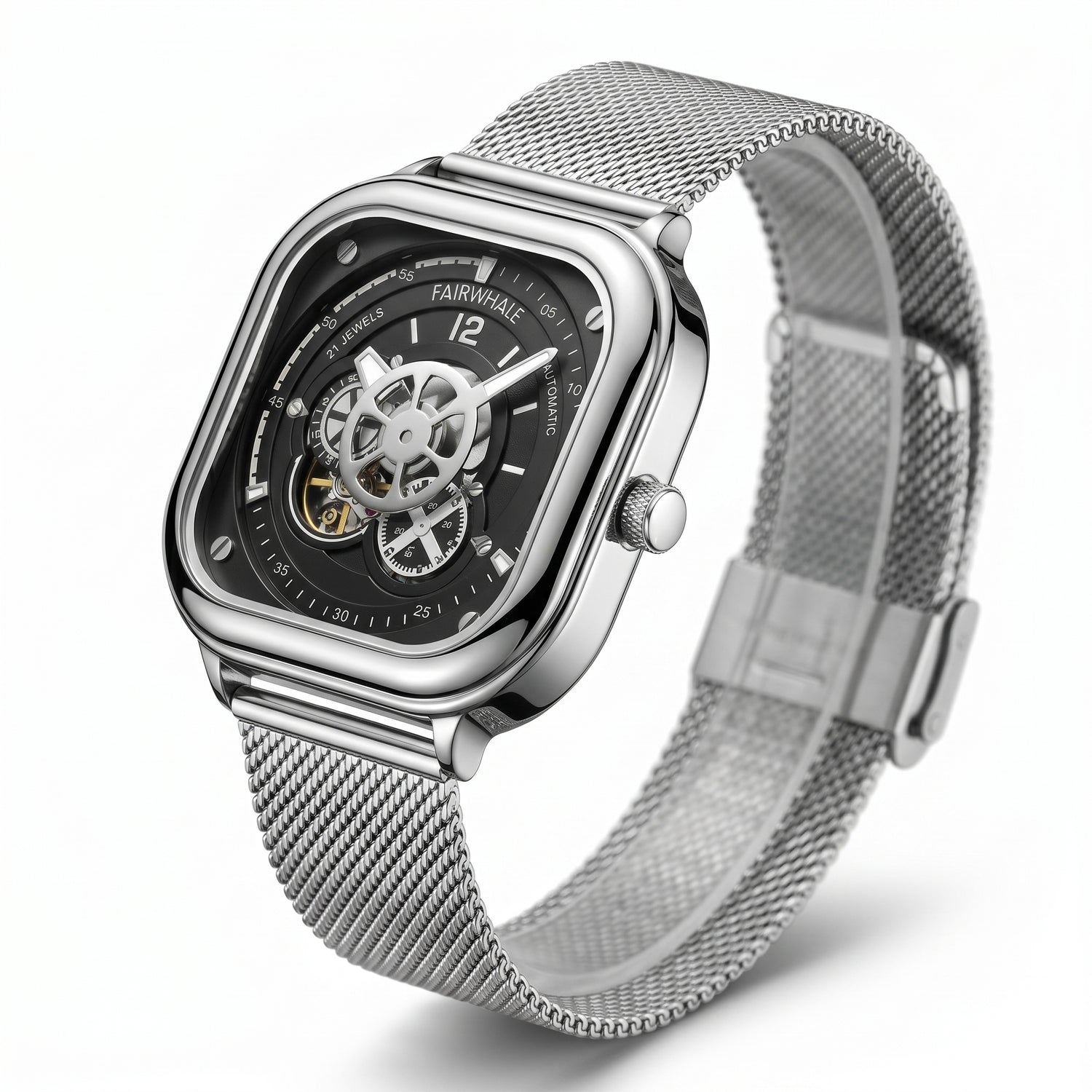 Silver wristwatch with mesh band on a white background
