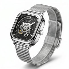 Silver wristwatch with mesh band on a white background