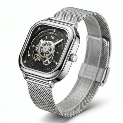 Silver wristwatch with mesh band on a white background