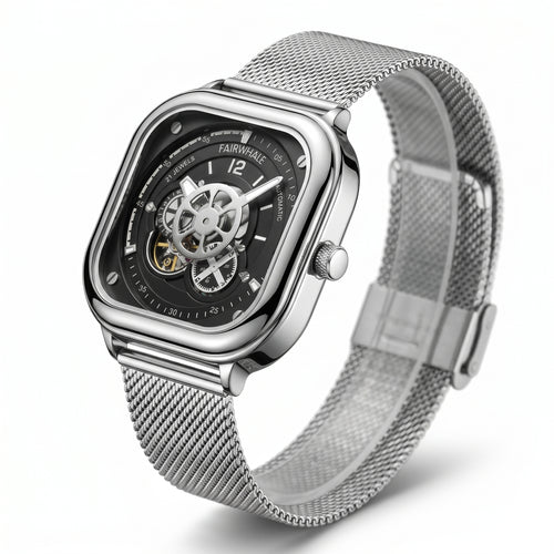 Silver wristwatch with mesh band on a white background