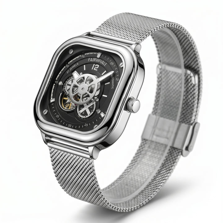 Silver wristwatch with mesh band on a white background
