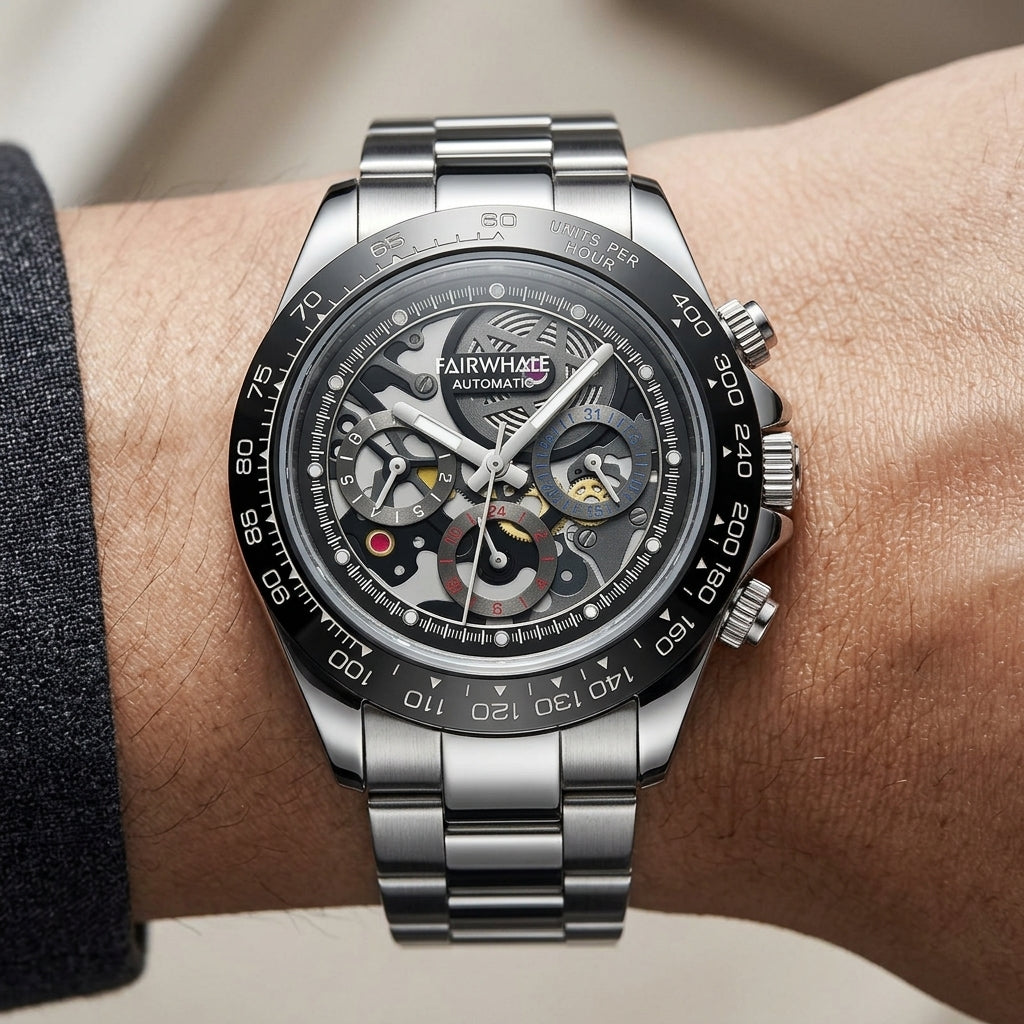 Silver wristwatch with visible brand name on a person's wrist against a neutral background
