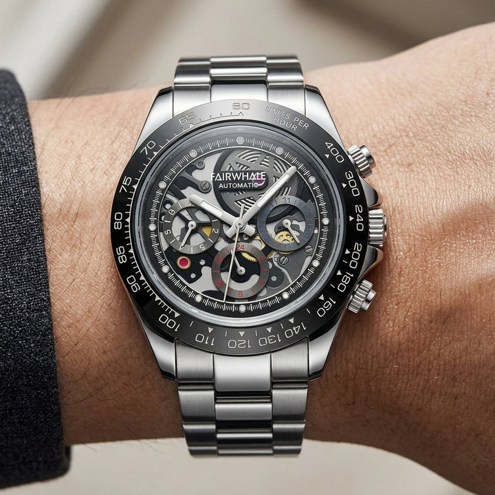 Silver wristwatch with visible brand name on a person&