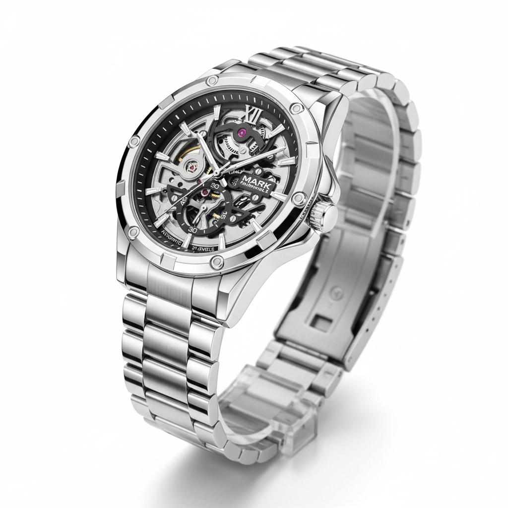 Silver wristwatch with visible brand name on a white background