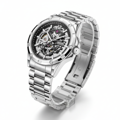 Silver wristwatch with visible brand name on a white background