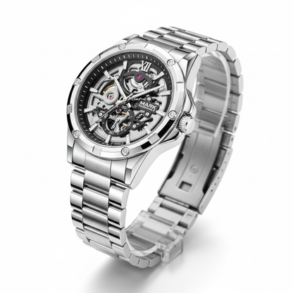 Silver wristwatch with visible brand name on a white background