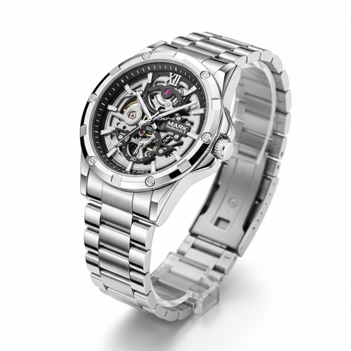 Silver wristwatch with visible brand name on a white background