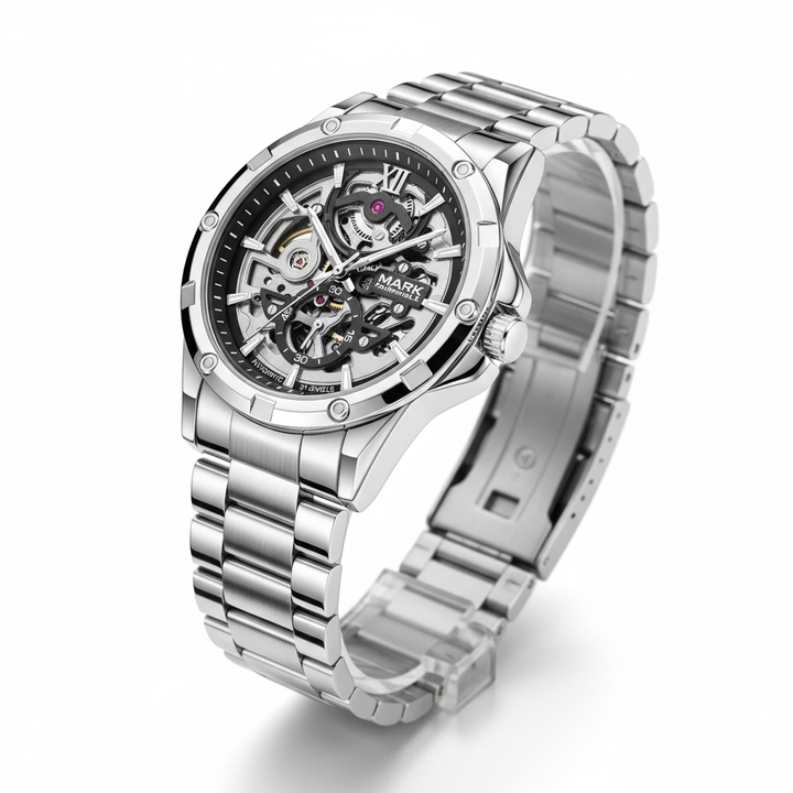 Silver wristwatch with visible brand name on a white background