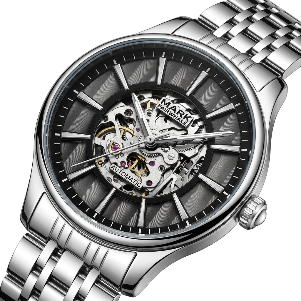 Silver wristwatch with visible mechanical components on a white background