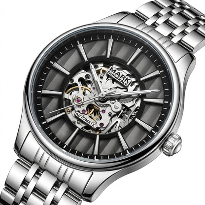 Silver wristwatch with visible mechanical components on a white background
