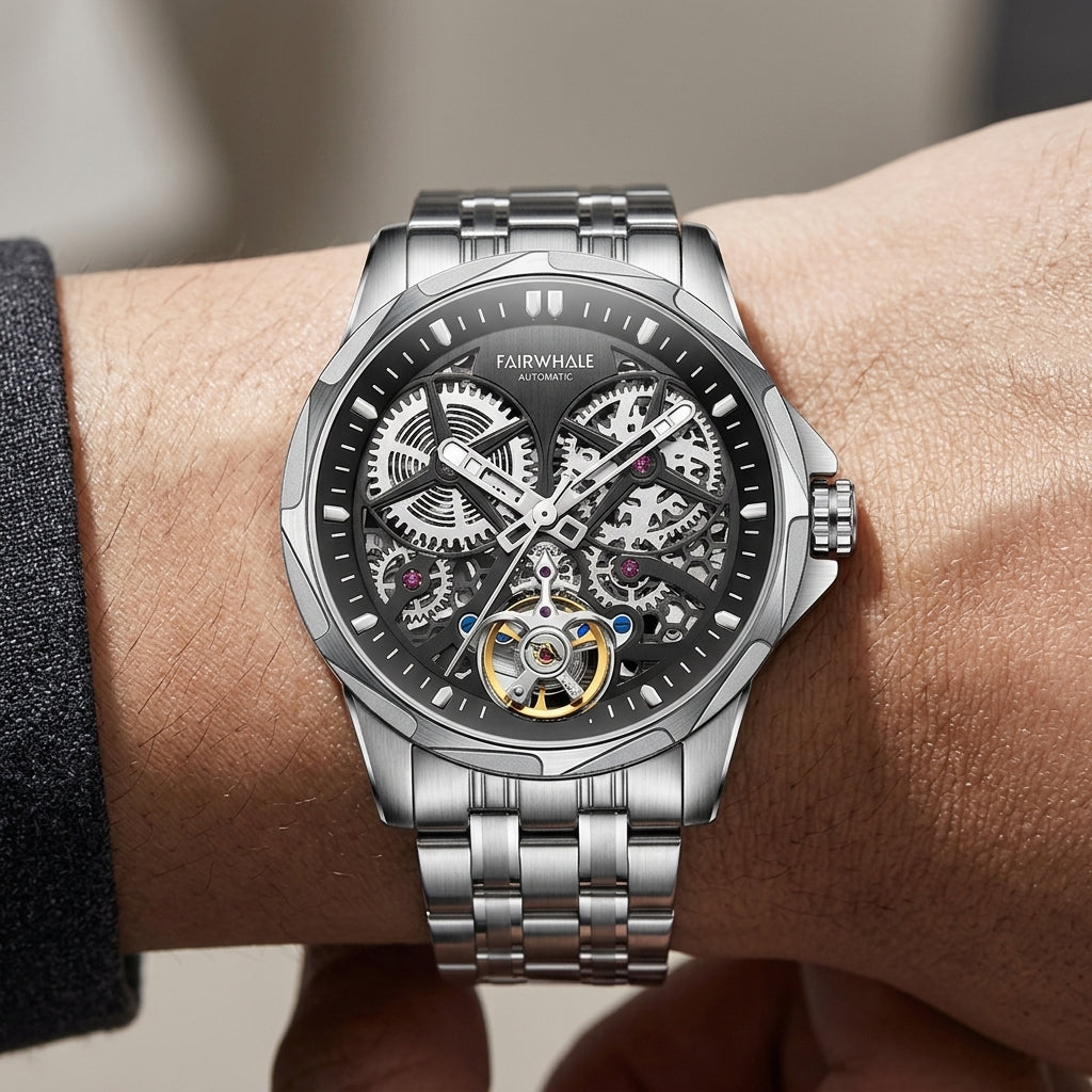 Silver wristwatch with visible mechanical components on a wrist, brand &