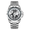 Silver wristwatch with world map design on the dial against a white background