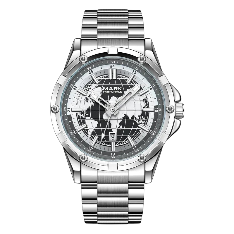 Silver wristwatch with world map design on the dial against a white background