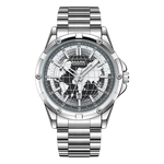 Silver wristwatch with world map design on the dial against a white background