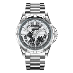 Silver wristwatch with world map design on the dial against a white background