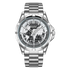 Silver wristwatch with world map design on the dial against a white background
