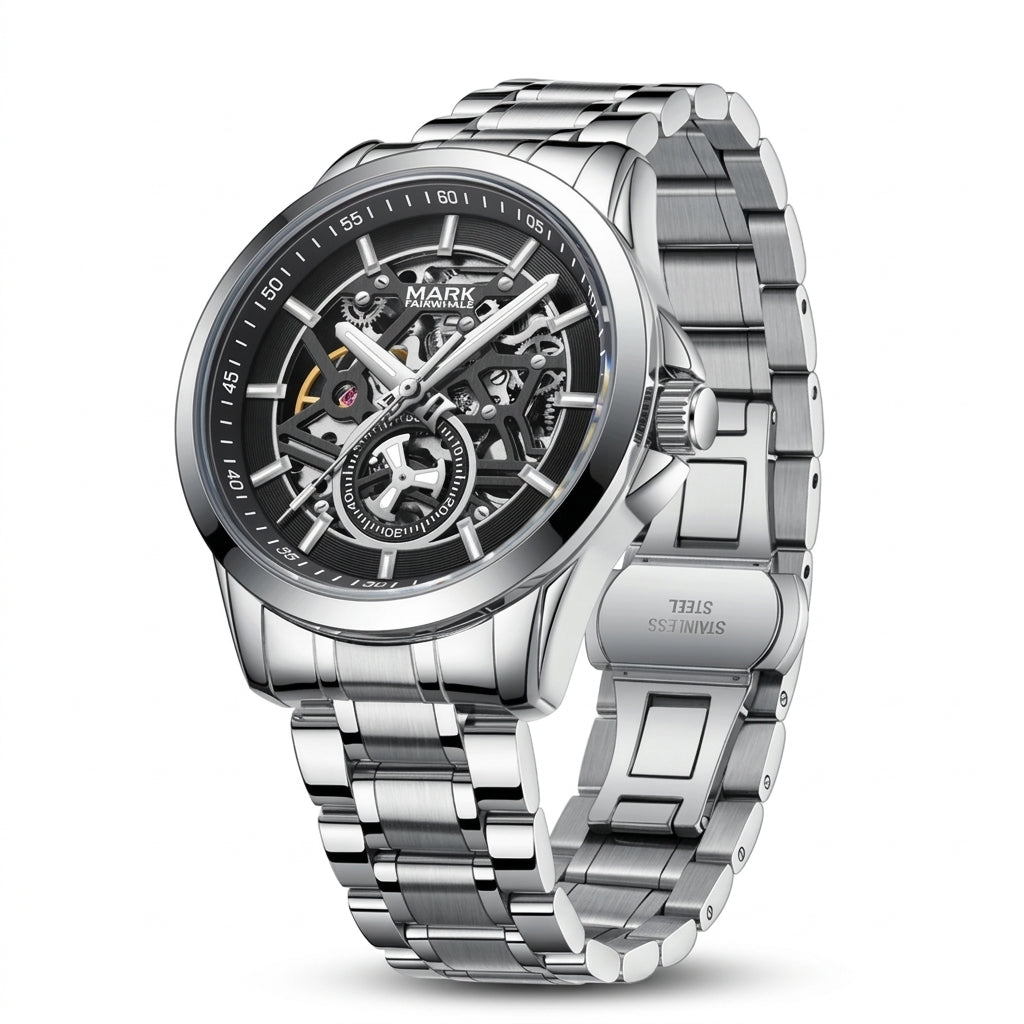 Silver wristwatch with intricate design on a white background