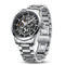 Silver wristwatch with intricate design on a white background