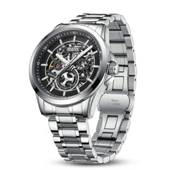 Silver wristwatch with intricate design on a white background