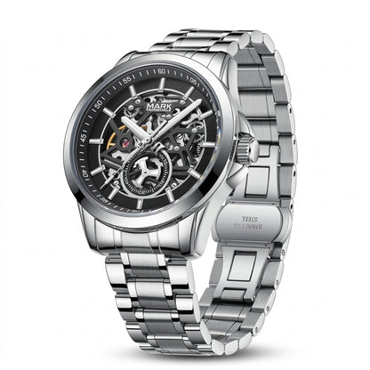 Silver wristwatch with intricate design on a white background