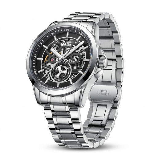 Silver wristwatch with intricate design on a white background