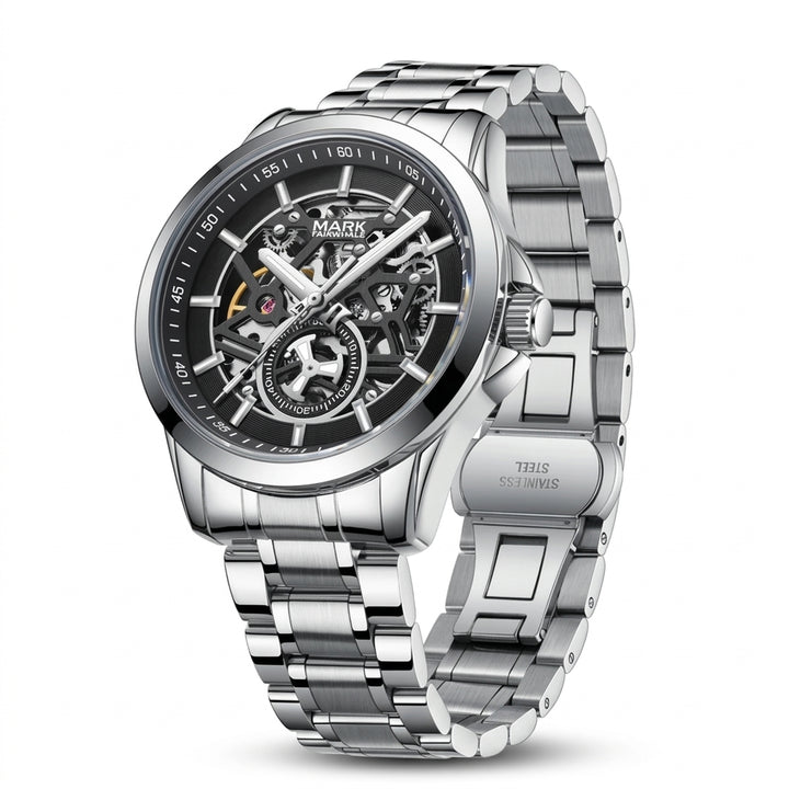 Silver wristwatch with intricate design on a white background
