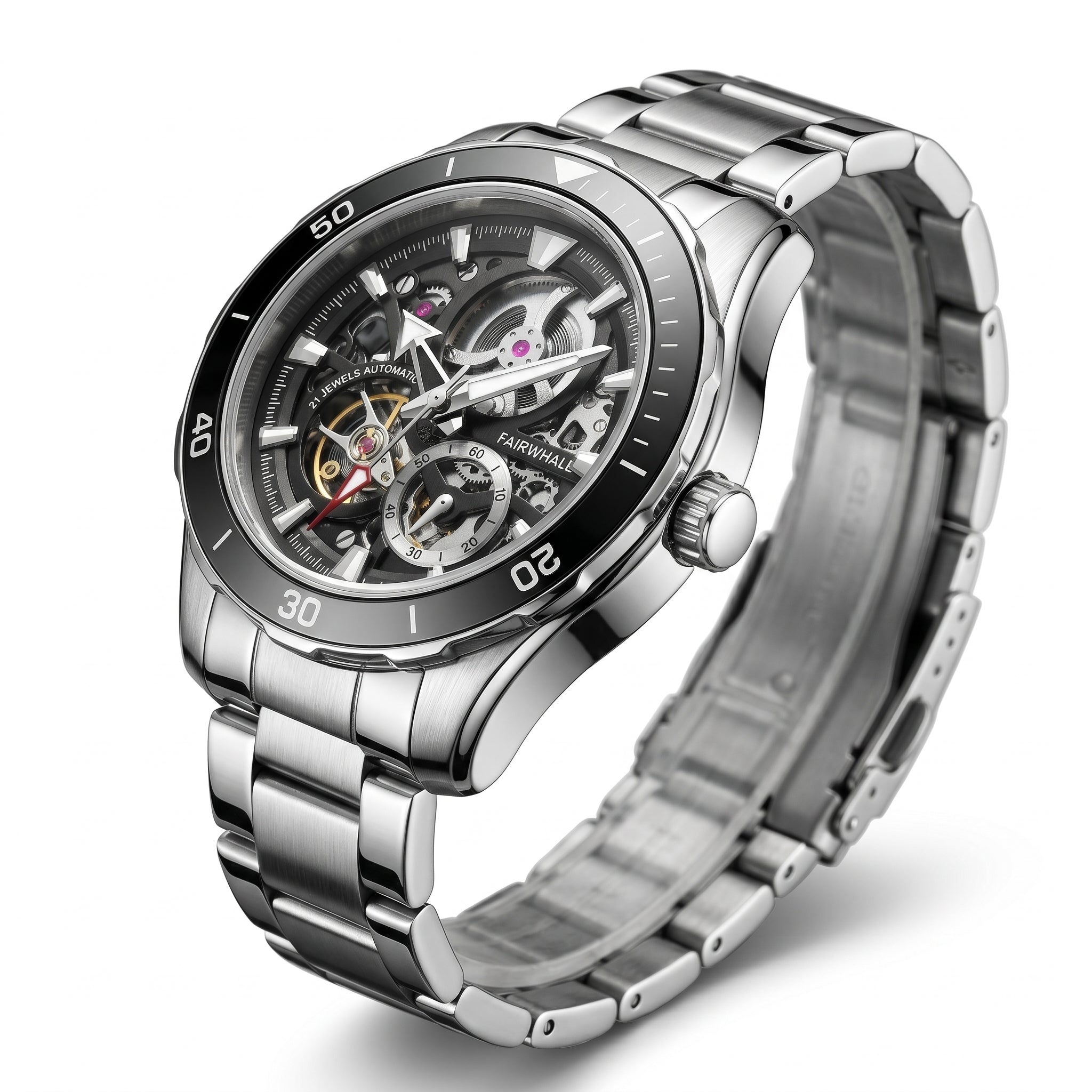 Silver wristwatch with a detailed face on a white background