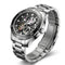 Silver wristwatch with a detailed face on a white background