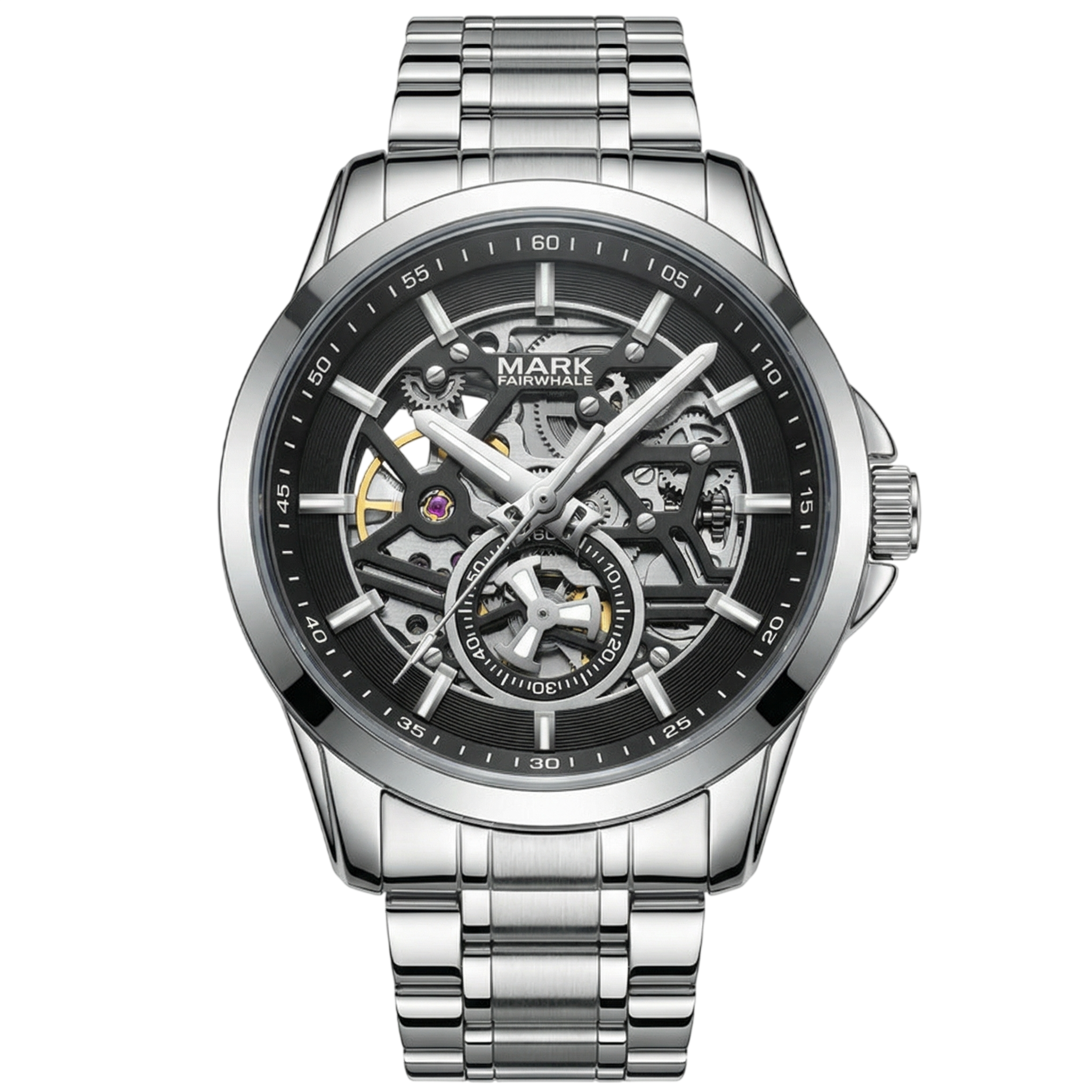 Silver wristwatch with black dial on a white background