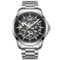 Silver wristwatch with black dial on a white background