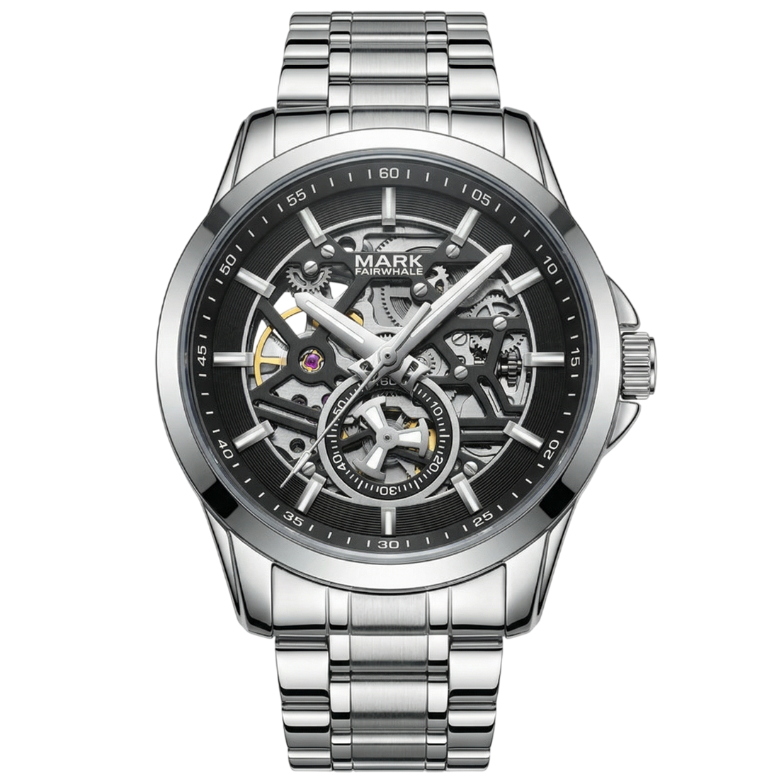 Silver wristwatch with black dial on a white background
