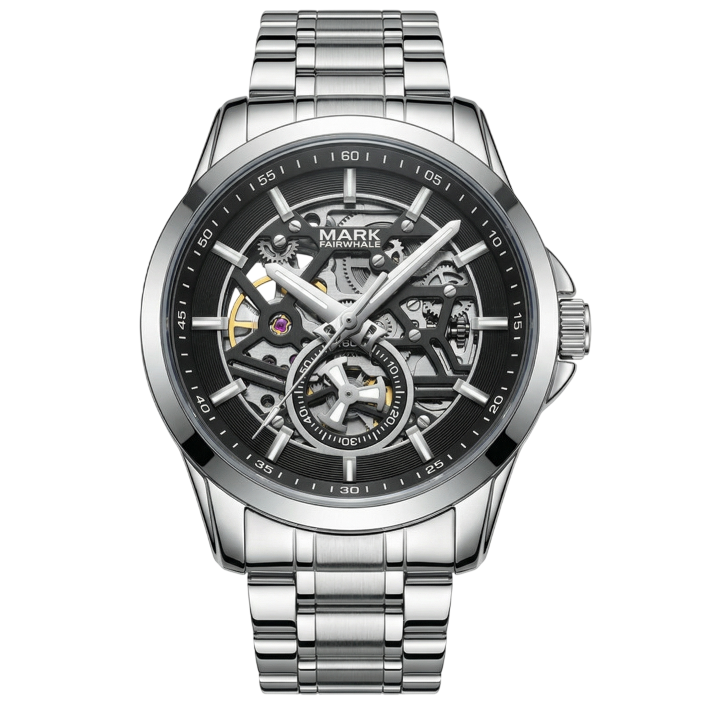 Silver wristwatch with black dial on a white background