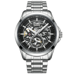 Silver wristwatch with black dial on a white background