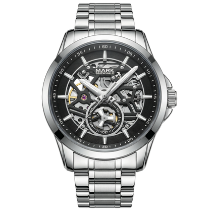 Silver wristwatch with black dial on a white background