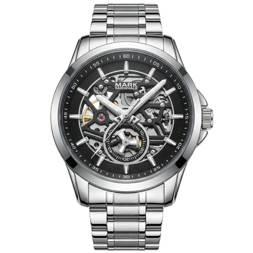 Silver wristwatch with black dial on a white background