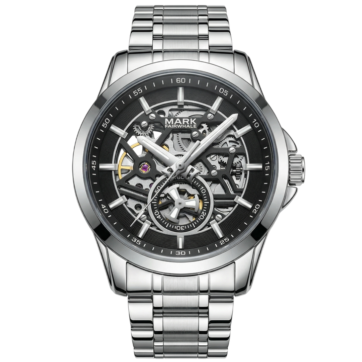 Silver wristwatch with black dial on a white background