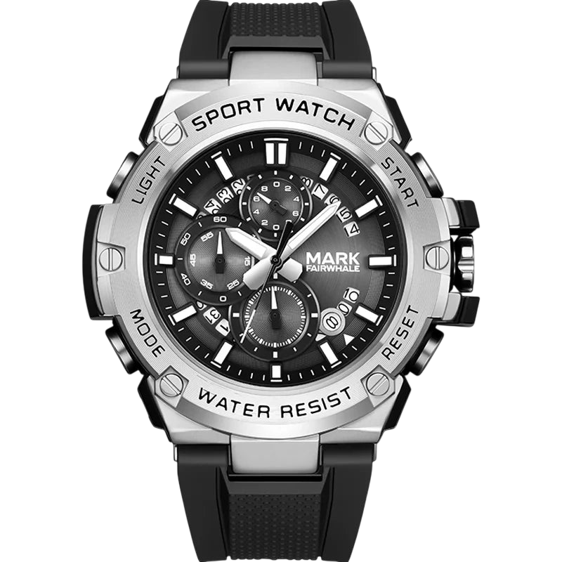 Sport watch with black strap and detailed face on a white background