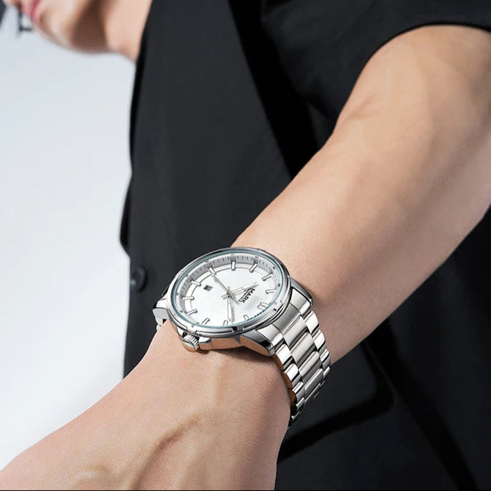 Stylish angled view of Mark Fairwhale DRACONIS luxury men’s quartz watch with dragon engraving.