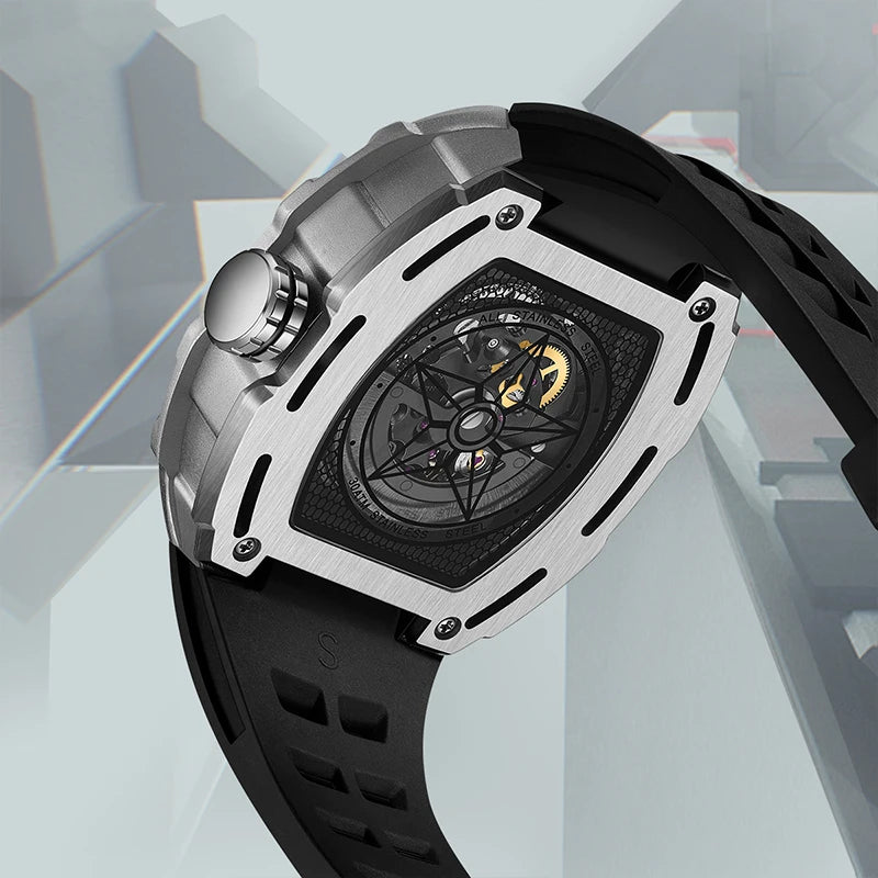 Transparent case back of Mark Fairwhale FW-6650 TRIONATO showing tourbillon movement.
