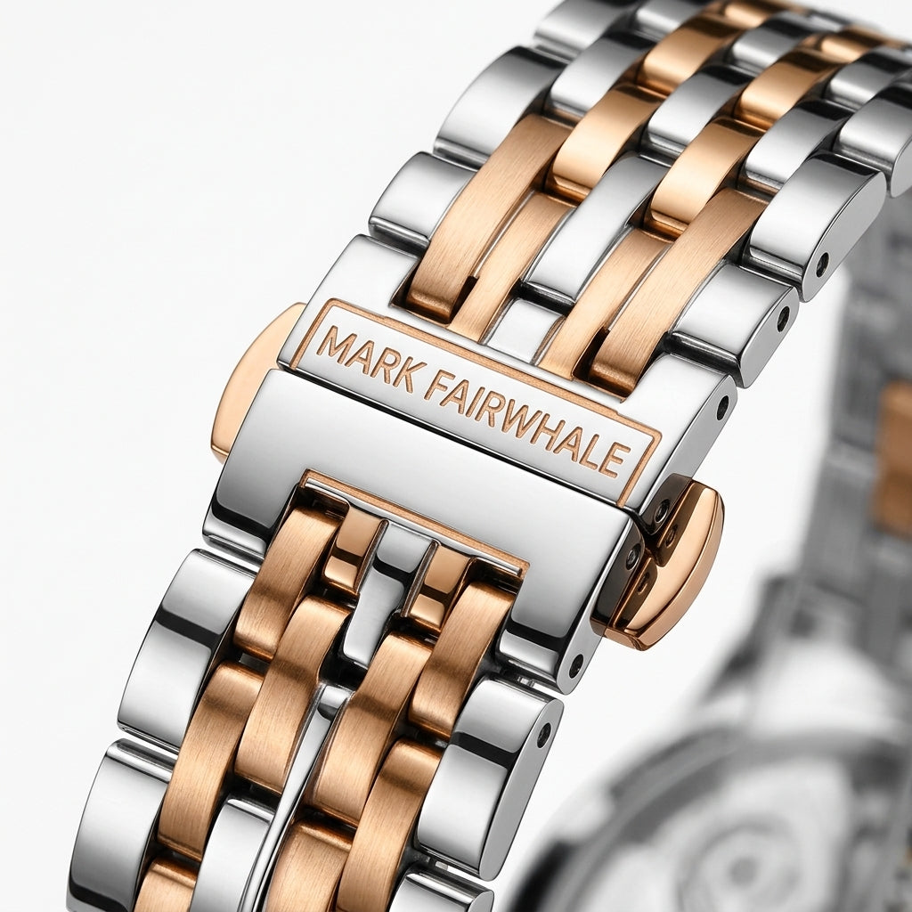Two-tone silver and rose gold watch with 'Mark Fairwhale' branding on a white background