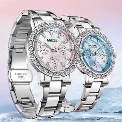 Two Mark Fairwhale LUMINA 6810 watches in pink and blue editions with luxury stainless steel bands