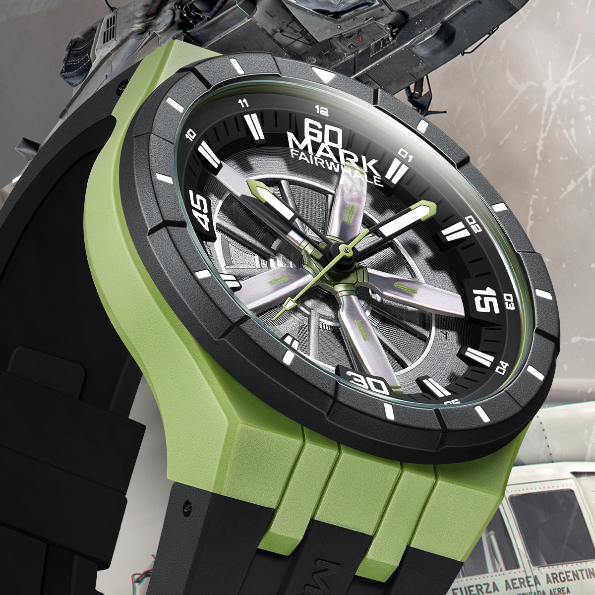 Two color variants – green and gray Mark Fairwhale 5050 AEROFORCE quartz watches.