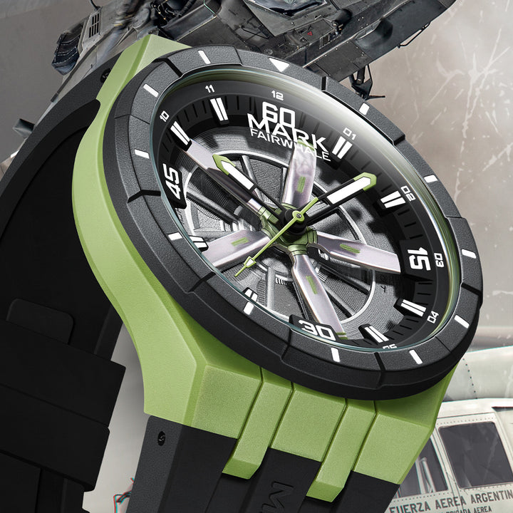 Two color variants – green and gray Mark Fairwhale 5050 AEROFORCE quartz watches.
