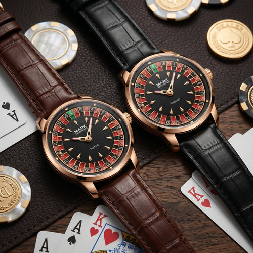 Two watches with roulette-style dials on brown leather straps, surrounded by playing cards and chips.